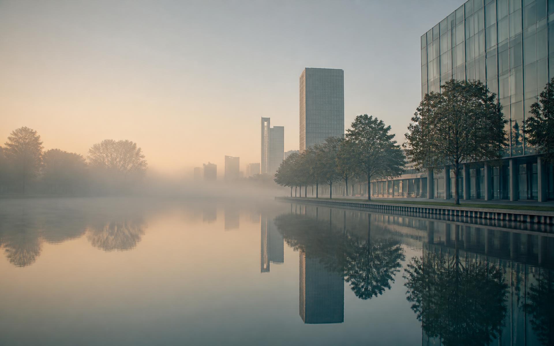 Mist over the water at dawn in Amsterdam Zuidas
